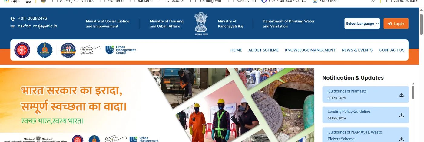 NAMASTE scheme portal homepage with ministry navigation and updates panel